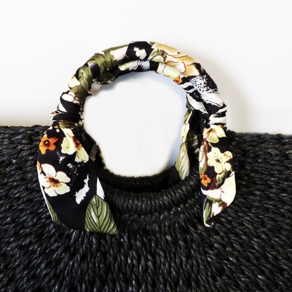 Black Woven Straw Handbag Floral Scarf Accent Beach Bag Tote Purse - Picture 5 of 10